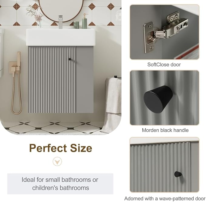 22" Small Bathroom Vanity with Sink, Floating Vanity for Bathrooms with Soft-Close Door and Open Shelf, Wall Mounted Narrow Bathroom Vanities for Compact Bathrooms (Gray,22" Floating Right Shelf)