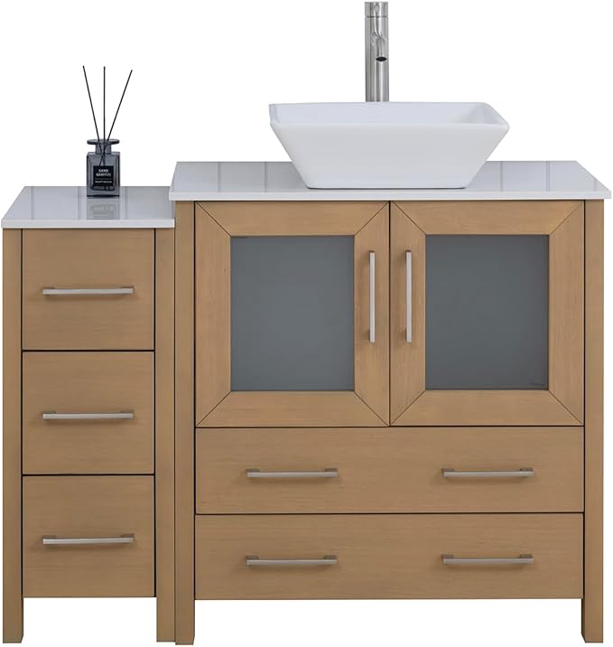 Vanity Art 42 Inch Vessel Single Sink Bathroom Vanity Cabinet with 1 Mirror, Engineered Marble Top Bathroom Cabinet Compact Set with 5 Dovetail Drawers and Soft Closing Doors, VA3130-42NO