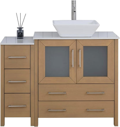 Vanity Art 42 Inch Vessel Single Sink Bathroom Vanity Cabinet with 1 Mirror, Engineered Marble Top Bathroom Cabinet Compact Set with 5 Dovetail Drawers and Soft Closing Doors, VA3130-42NO