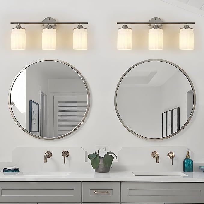 Jonsi Nickel Bathroom Light Fixtures 3-Light Vanity Lights Modern Wall Sconce with Milk White Shade Brushed Nickel Bathroom Light Fixture Over Mirror for Bedroom Hallway Kitchen