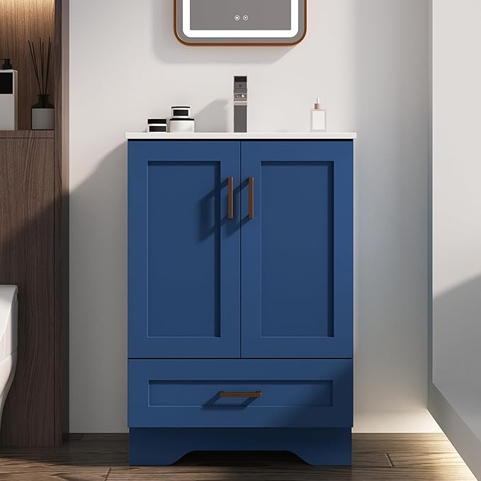 24 inch Bathroom Vanity with Sink, Modern Blue Vanity for Bathroom with Undermount Ceramic Sink, Freestanding 2-Door & 1-Drawer Storage Cabinet, for Small Bathroom Space, (Blue, 24")