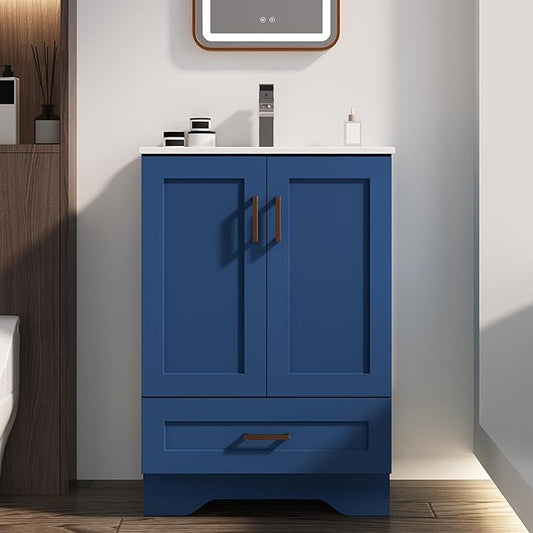 24 inch Bathroom Vanity with Sink, Modern Blue Vanity for Bathroom with Undermount Ceramic Sink, Freestanding 2-Door & 1-Drawer Storage Cabinet, for Small Bathroom Space, (Blue, 24")