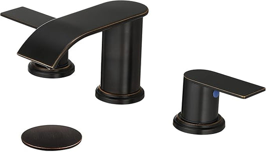 Waterfall Bathroom Faucet 3 Holes, 8 Inch Widespread Faucet 2 Handle Lead-Free Oil Rubbed Bronze, Bathroom Faucets with Pop Up Drain, Bathroom Basin Lavatory Mixer Tap with Deck Mount Plate