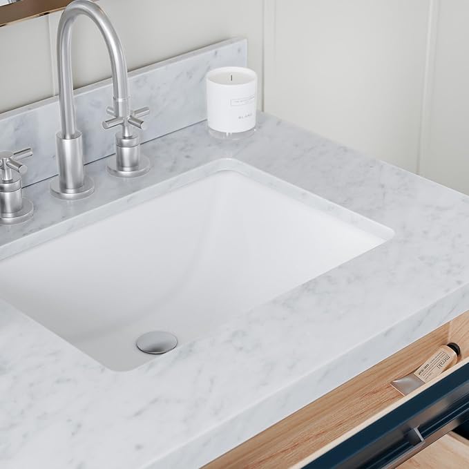 ARIEL Monroe 72-inch Bathroom Vanity with Sink,Solid Wood, 1.5-inch Italian Carrara Marble Countertop & Backsplash, Double Oval Porcelain Sink, 9 Dovetail Drawers, Brushed Nickel, Midnight Blue