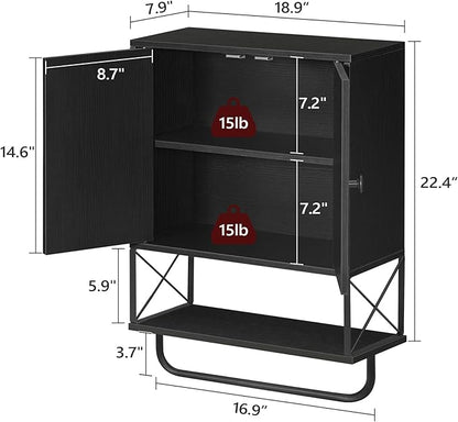 Bathroom Wall Cabinet with 2 Door and Adjustable Shelf, Farmhouse Medicine Cabinet with Towel Rack, 3-Tier Wall Mounted Storage Cabinet Over The Toilet for Bathroom, 18.9" L, Black
