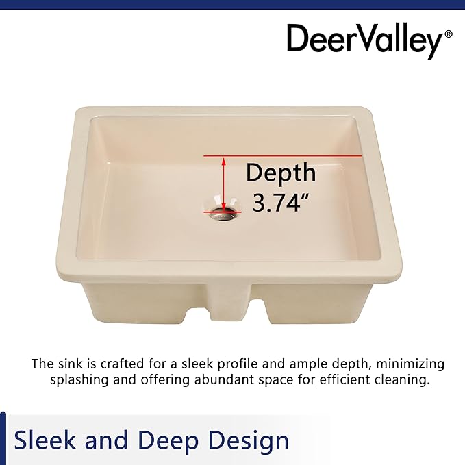 DeerValley Rectangular Undermount Bathroom Sink,19.72"x15.59"x6.54" Modern Vessel Sink Bone Color Undermount Bathroom Sink Rectrangle Porcelain Ceramic Lavatory Vanity Vessel Sink with Overflow