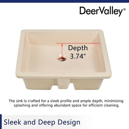DeerValley Rectangular Undermount Bathroom Sink,19.72"x15.59"x6.54" Modern Vessel Sink Bone Color Undermount Bathroom Sink Rectrangle Porcelain Ceramic Lavatory Vanity Vessel Sink with Overflow