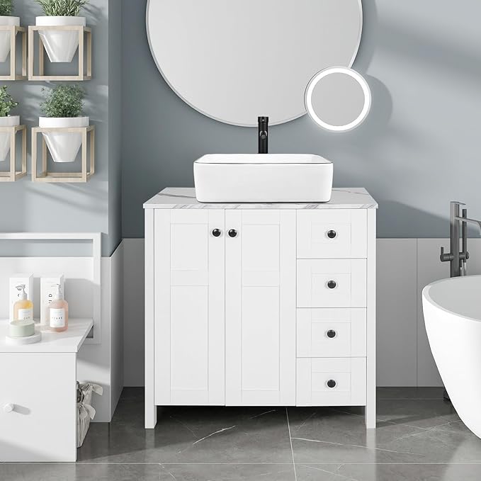 32" White Bathroom Vanity with Marble Texture Top and 4 Drawers, Modern Standing Pedestal Cabinet Without Sink