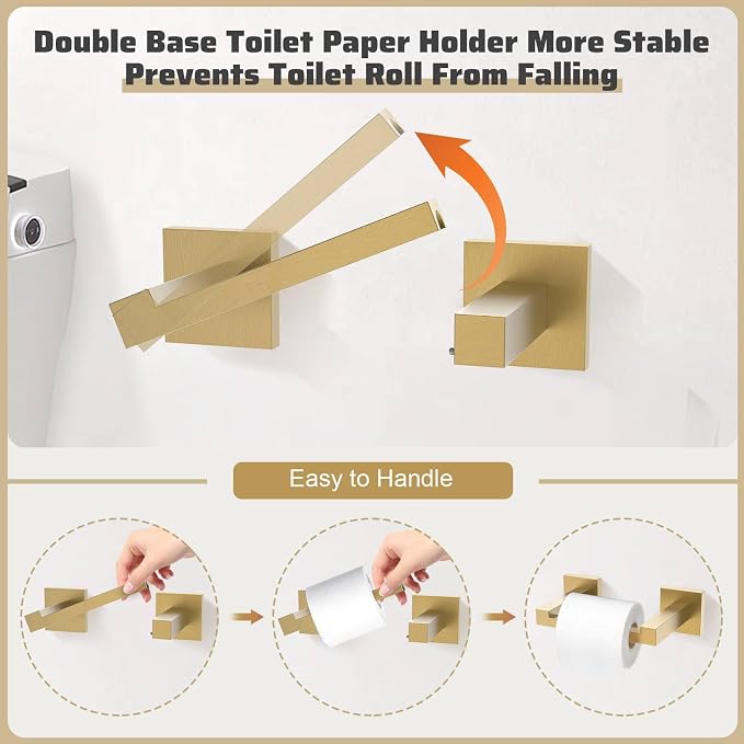 5-Piece Towel Bar Set Brushed Gold Bathroom Hardware Accessories Set Includes Upgraded Double Base Toilet Paper Holder,Modern Square Towel Holder Set Stainless Steel Wall Mount 23.6 Inch