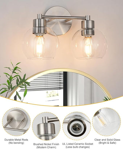 WILON 2-Light Bathroom Vanity Light, Brushed Nickel Vanity Lights for Bathroom, Modern Light Fixtures Over Mirror, Silver Sconces Wall Lamp for Living Room Bedroom Kitchen