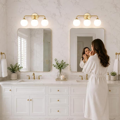 Modern Brushed Gold 3-Lights Vanity Light Fixtures with Milky White Glass Ball Shades, Mid Century Brass Wall Sconce Lighting Fixtures over Mirror, Wall Sconces for Bathroom Dressing Table Bedroom
