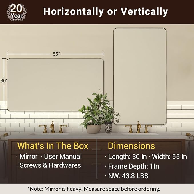 Gold Bathroom Mirrors for Over Sink, 30x55 InchBrushed Gold Wall Mirror, Rectangular Metal Framed Vanity Mirror -Modern Clean Design with Superior Stainless Steel Frame