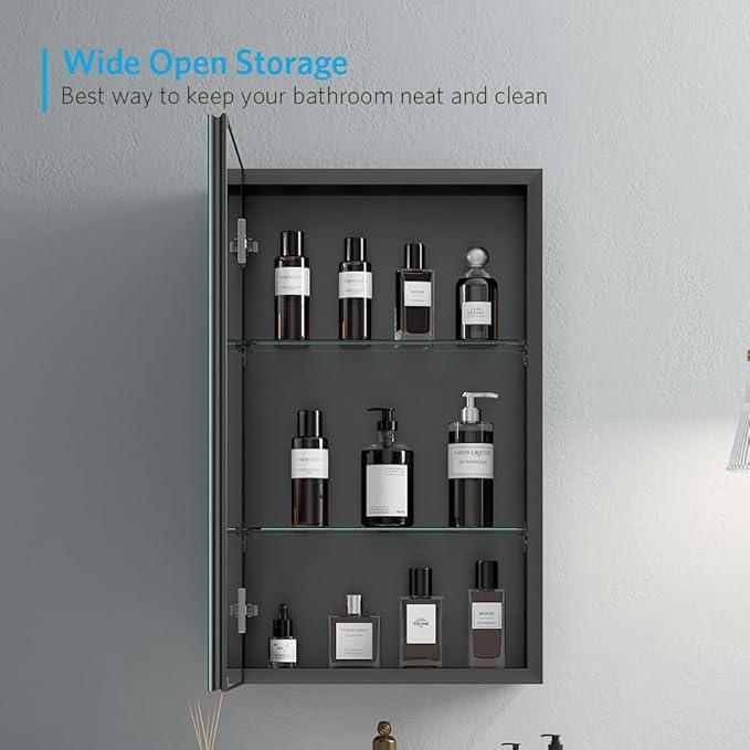 Quavikey Medicine Cabinet with Mirror, Aluminum Surface Mount or Recessed Bathroom Medicine Cabinet Mirror 16x26 Inch, Black