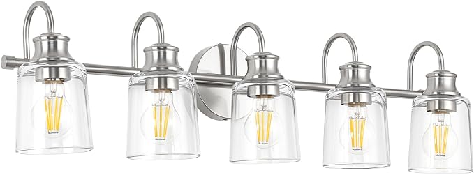 5 Lights Bathroom Light Fixtures Brushed Nickel Vanity Lights | ETL Certificate, Easy to Install,Wall Mount Up or Down,Thickened Glass Lampshade,E26 Socket,Hardwired