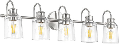 5 Lights Bathroom Light Fixtures Brushed Nickel Vanity Lights | ETL Certificate, Easy to Install,Wall Mount Up or Down,Thickened Glass Lampshade,E26 Socket,Hardwired