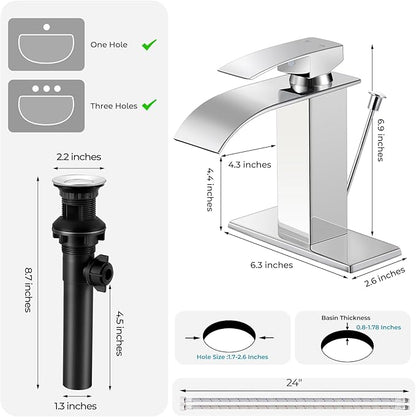 Chrome Bathroom Faucet with Lift Rod Drain, Waterfall Bathroom Sink Faucet Modern Single Handle Bathroom Faucte 1 or 3 Hole, RV Mixer Tap Vanity Faucet Washbasin Faucet with Deck