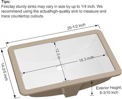 Undermount Bathroom Sink Rectangle, Hugsleek Interior Bowl Size 18.3 x 12.3 inch White Porcelain Ceramic Vessel Sink Under Counter Exterior Size 20x14in Rectangular Bath Sink Basin Lavatory Fireclay