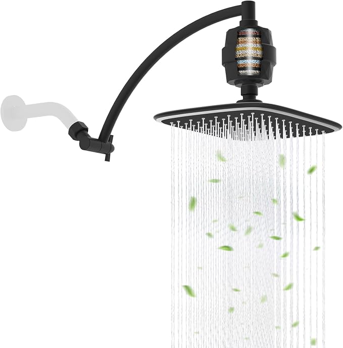 Filtered Rain Shower Head & 12" Extension Arm, 10" High-Pressure Showerhead | Matte Black, Boosting Rainfall/Fixed Showerhead with 20-Stage Shower Filter, Metal Shower Extender Adjustable Height/Angle
