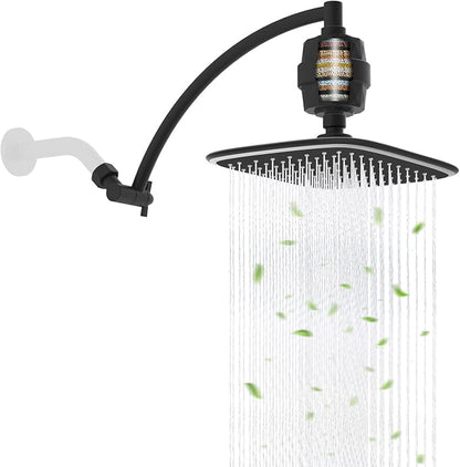 Filtered Rain Shower Head & 12" Extension Arm, 10" High-Pressure Showerhead | Matte Black, Boosting Rainfall/Fixed Showerhead with 20-Stage Shower Filter, Metal Shower Extender Adjustable Height/Angle