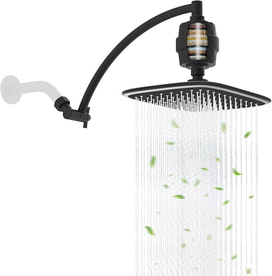 Filtered Rain Shower Head & 12" Extension Arm, 10" High-Pressure Showerhead | Matte Black, Boosting Rainfall/Fixed Showerhead with 20-Stage Shower Filter, Metal Shower Extender Adjustable Height/Angle