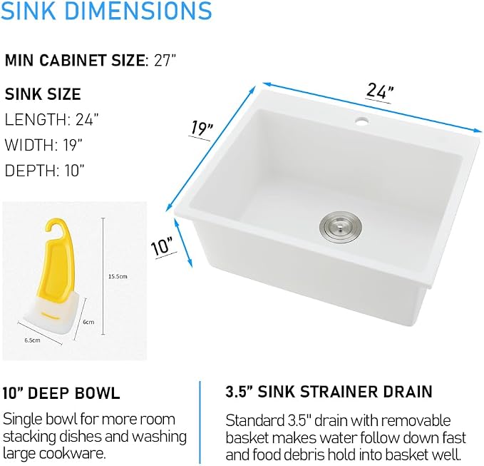 24 Inch White Drop in Bar Sink Quartz | 24x19 Inch Granite Composite Quartz Outdoor Rv Topmount Sink Single Bowl Wet Bar Sink with Small Rubber Squeegee