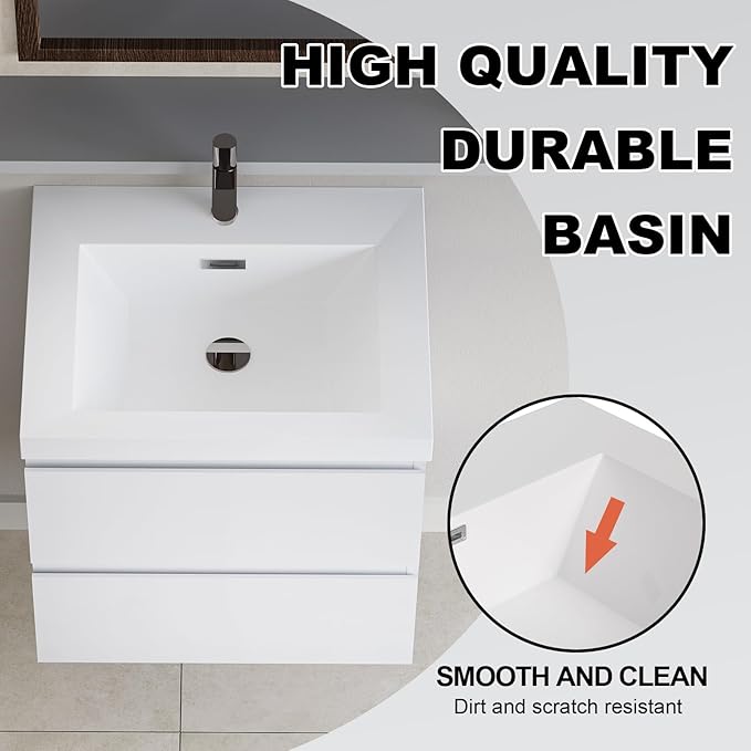 Wall Mounted 24 Inch Bathroom Vanity with Sink, Floating Vanity Bathroom, Single Sink Bathroom Vanity, 2 Drawers, Resin Integrated Sink (Glossy White)