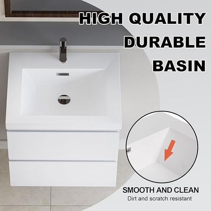 Wall Mounted 24 Inch Bathroom Vanity with Sink, Floating Vanity Bathroom, Single Sink Bathroom Vanity, 2 Drawers, Resin Integrated Sink (Glossy White)