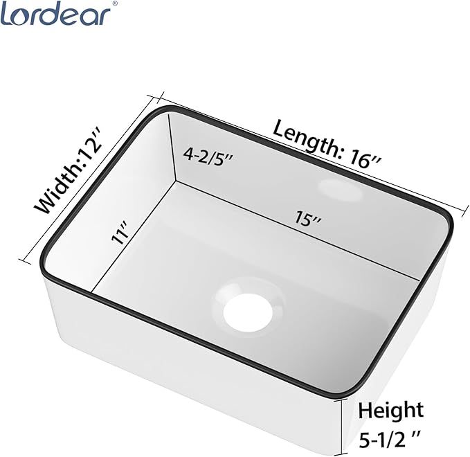 Lordear Vessel Sink Rectangle 16 Inch Bathroom Sink Rectangular Modern Above Counter Bathroom Sink White 16x12 Inch Porcelain Ceramic Vanity Sink with Black Trim Art Basin