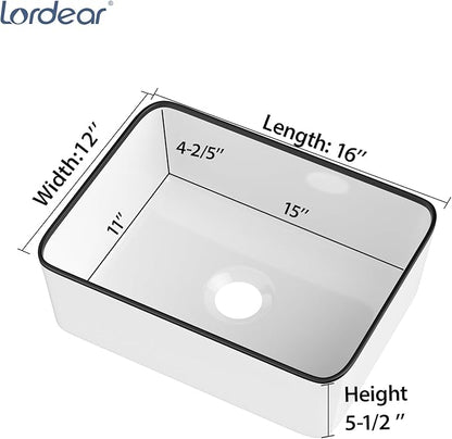 Lordear Vessel Sink Rectangle 16 Inch Bathroom Sink Rectangular Modern Above Counter Bathroom Sink White 16x12 Inch Porcelain Ceramic Vanity Sink with Black Trim Art Basin
