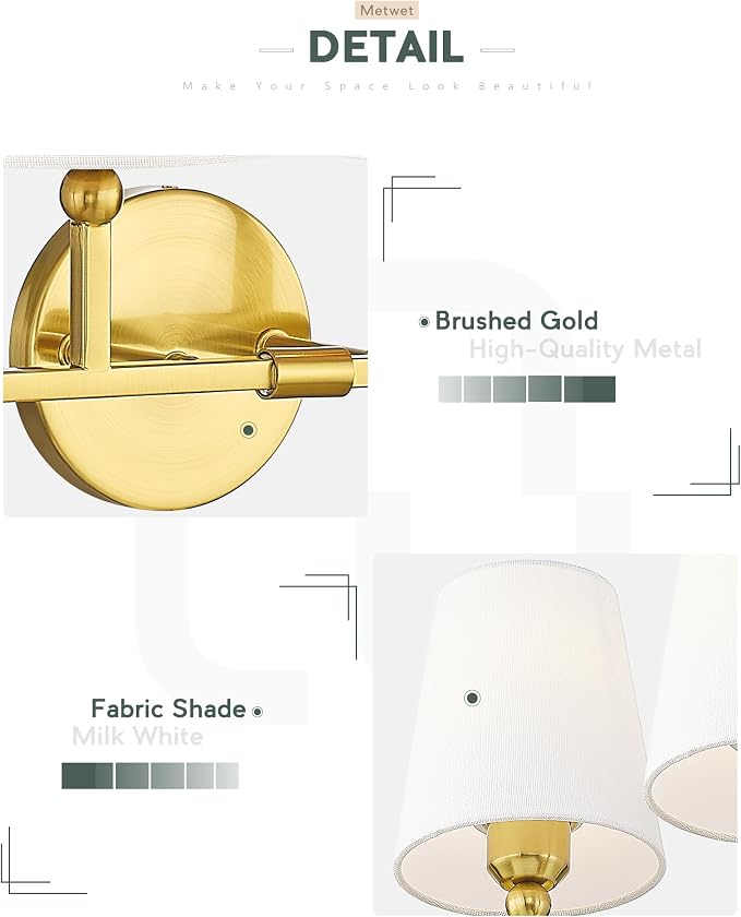 6-Light Brushed Gold Bathroom Vanity Light, White Fabric Shades | Ideal for 48-64" mirrors, 42" bathroom light fixtures over mirror, upward only, E26 base, bulbs not included, VL837-BG-6