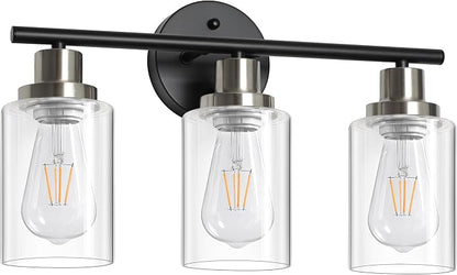 Unicozin Modern Bathroom Light Fixtures, 3 Light Vanity Lights, Black and Brushed Nickel Wall Lamp with Clear Glass for Bathroom, Mirror, Living Room, Bedroom, Hallway, E26 Base