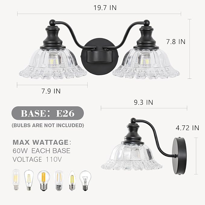 Black Bathroom Light Fixtures Over Mirror, 2 Light Vintage Bathroom Vanity Light Fixture with Clear Flower Glass Shades, Retro Vanity Lights for Bathroom, Bathroom Vanity Lights Over Mirror