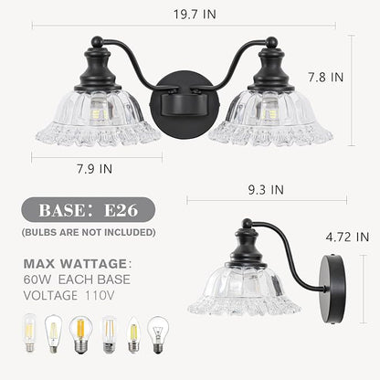 Black Bathroom Light Fixtures Over Mirror, 2 Light Vintage Bathroom Vanity Light Fixture with Clear Flower Glass Shades, Retro Vanity Lights for Bathroom, Bathroom Vanity Lights Over Mirror