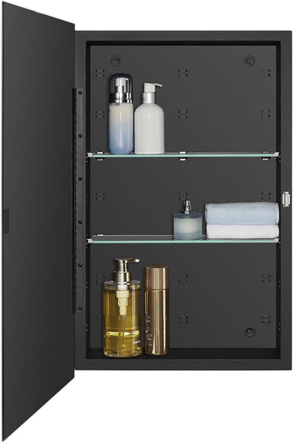 IDYLLOR Black Bathroom Medicine Cabinet with Beveled Edge Mirrored Door 16 x 26 inch, Recessed or Surface Mount, with Adjustable Glass Shelves