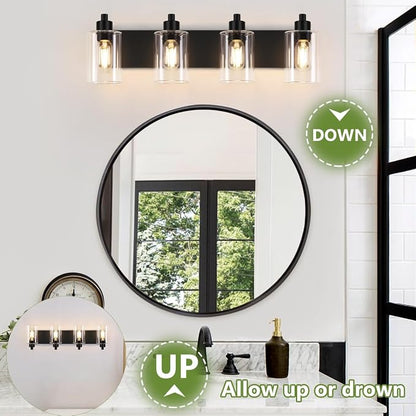 Dpyrrhic Bathroom Vanity Light, Modern Matte Black 4-Light Bathroom Lights Over Mirror with Clear Glass Shade,Wall Sconces for Bedroom,Living Room
