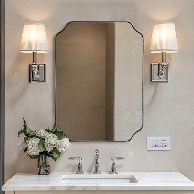 22"x30" Chrome Scalloped Mirrors for Bathroom Sink | Rust-Proof Stainless Steel Frame, Unique Notched Corners, Anti-Corrosion HD Glass, Modern Bathroom Remodel Essential