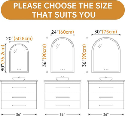 Arched Backlit Mirror Bathroom 24"x36"- Frameless LED Bathroom Mirror with Lights, Fogless, Dimmable, 3 Color Changing, Shatterproof, Touch Sensor