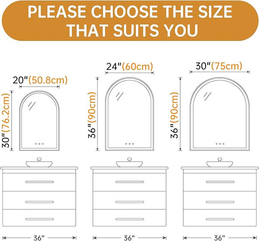 Arched Backlit Mirror Bathroom 24"x36"- Frameless LED Bathroom Mirror with Lights, Fogless, Dimmable, 3 Color Changing, Shatterproof, Touch Sensor