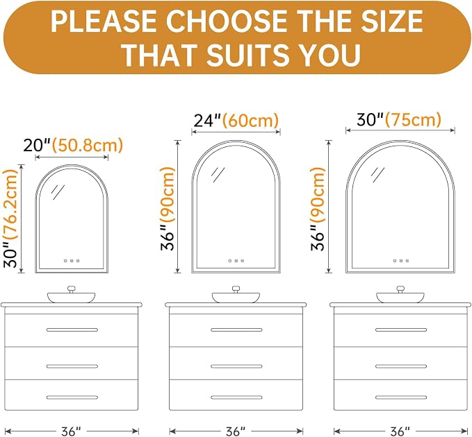 24"x36" Arched LED Lighted Bathroom Mirror with Lights | Fogless, Dimmable, 3 Color Changing, Shatterproof, Touch Sensor