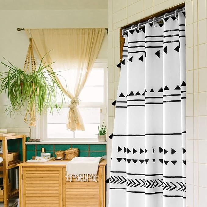 Uphome Extra Long Fabric Shower Curtain for Bathroom, Black and White Boho Shower Curtain Set Chic Triangle Geometric Tassel Cloth Bath Curtains, Waterproof Machine Washable for Modern Bathtub 72x84