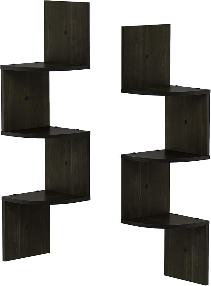 Furinno Rossi Set of 2 3-Tier Corner Floating Shelves for Wall, Espresso | Zigzag Wall Shelf, Radial Mounted Floating Book Shelf, for Bathroom, Bedroom, Living Room