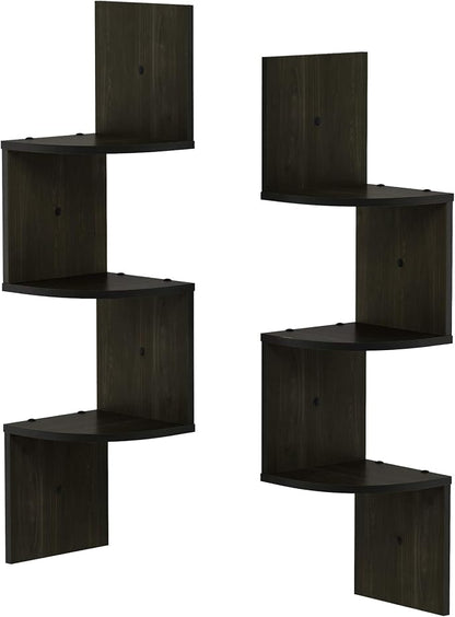 Furinno Rossi Set of 2 3-Tier Corner Floating Shelves for Wall, Espresso | Zigzag Wall Shelf, Radial Mounted Floating Book Shelf, for Bathroom, Bedroom, Living Room