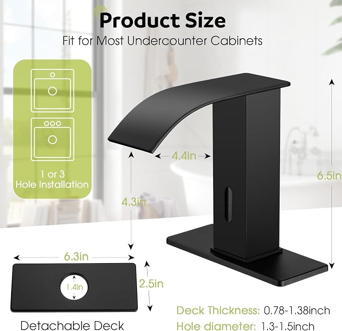Automatic Motion Sensor Faucet with Waterfall Spout,Stainless Steel Sink Faucet with Hole Cover Plate (Regular, Black)