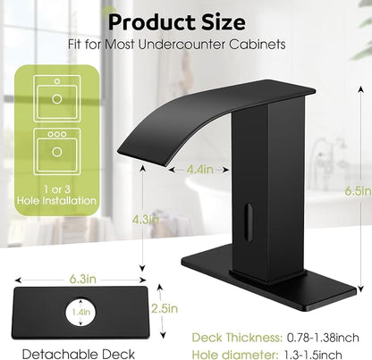 Automatic Motion Sensor Faucet with Waterfall Spout,Stainless Steel Sink Faucet with Hole Cover Plate (Regular, Black)