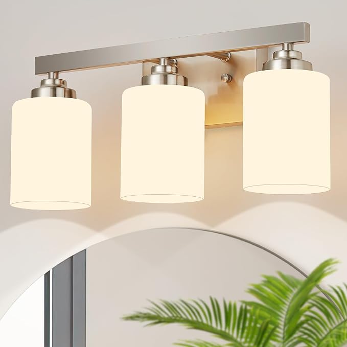 Bathroom Light Fixtures, Vanity Light Over Mirror Nickel 3-Light Fixture | Modern bathroom vanity light fixture with metal frame, ideal for mirrors, bedrooms and hallways. Fits E26 bulbs.