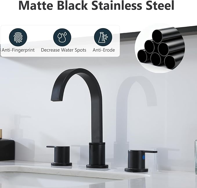 Matte Black Bathroom Faucet 3 Hole, 8 Inch Widespread 360° Swivel Waterfall Spout Two-Handle Bathroom Faucets with Water Hoses and Pop-up Drain for Sink Bath Vanity Lavatory VAL088BRH