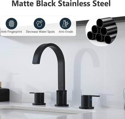Matte Black Bathroom Faucet 3 Hole, 8 Inch Widespread 360° Swivel Waterfall Spout Two-Handle Bathroom Faucets with Water Hoses and Pop-up Drain for Sink Bath Vanity Lavatory VAL088BRH