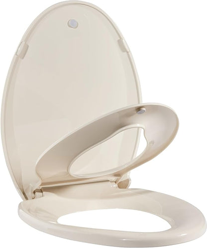 19" Elongated Toilet Seat with Built-In Potty Training Seat, Soft Quiet-Close Lid with Non-Slip Design, Magnetic Kids Seat in Almond, Easy to Install and Clean