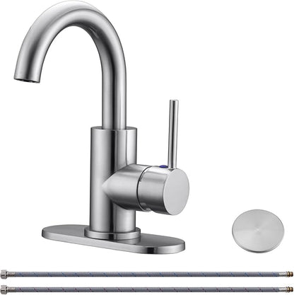 RKF Single-Handle Swivel Spout Bathroom Sink Faucet with Pop-up Drain with Overflow and Supply Hose,Bar Sink Faucet,Small Kitchen Faucet Tap,Brushed Nickel,BF3501P-BN