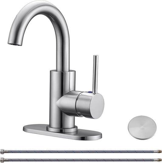 RKF Single-Handle Swivel Spout Bathroom Sink Faucet with Pop-up Drain with Overflow and Supply Hose,Bar Sink Faucet,Small Kitchen Faucet Tap,Brushed Nickel,BF3501P-BN